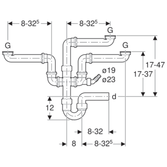 Geberit buissifon voor spoeltafel met twee bakken en een overloopbakje, met slangaansluitstuk, afvoer horizontaal 6/4 x 40 (152.821.11.1)